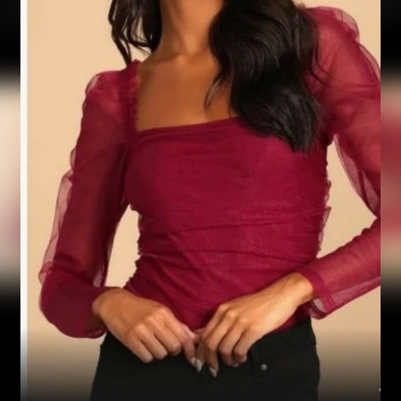 Lulu's Womens Tull Ruched Long Sleeve Bodysuit Burgundy Size Large - Picture 1 of 11